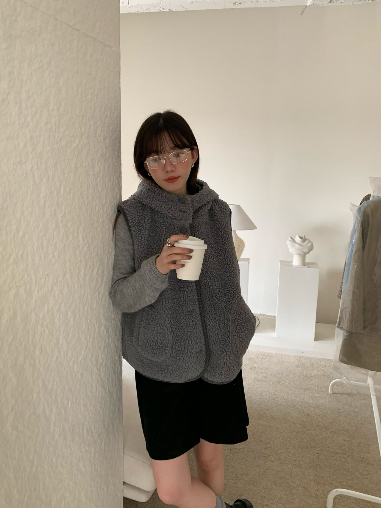 Damao studio 秋冬新款连帽羊羔毛马甲背心外套女