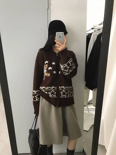 小熊提花/韩版宽松慵懒风翻领毛衣外套女高级感拉链针织衫上衣女