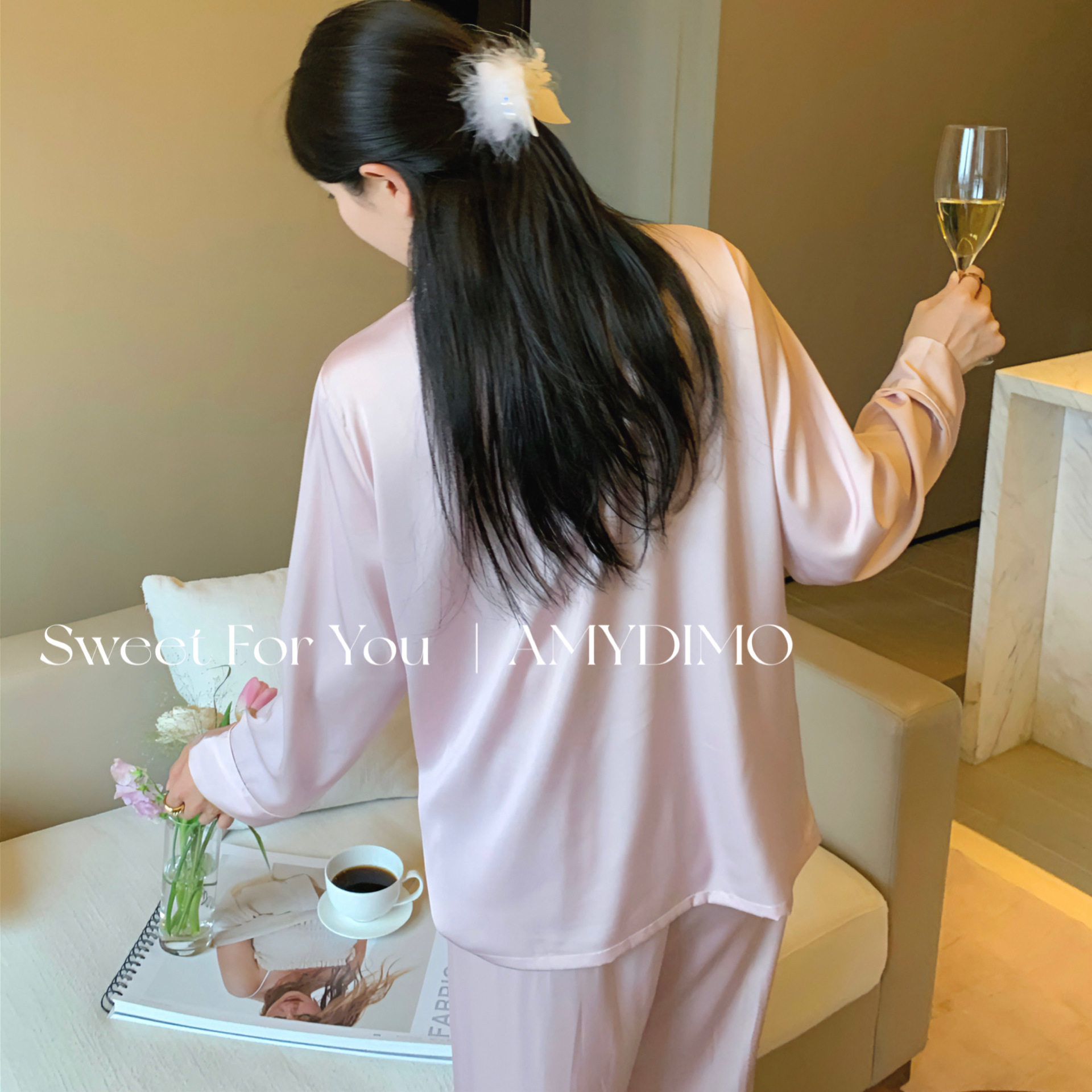Amydimo新款高级感真丝睡衣女春秋长袖翻领蕾丝家居服套装可外穿