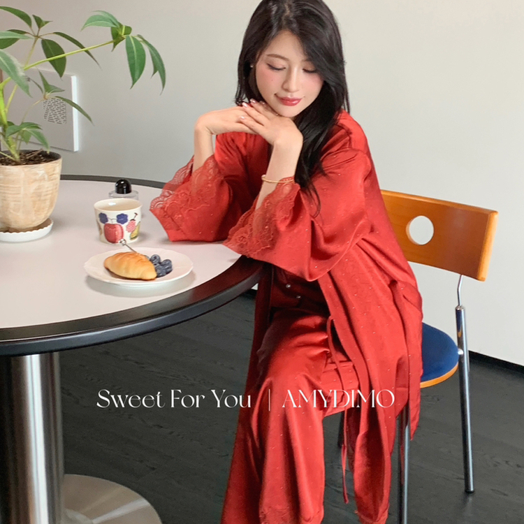 性感蕾丝睡袍高级感三件装家居服