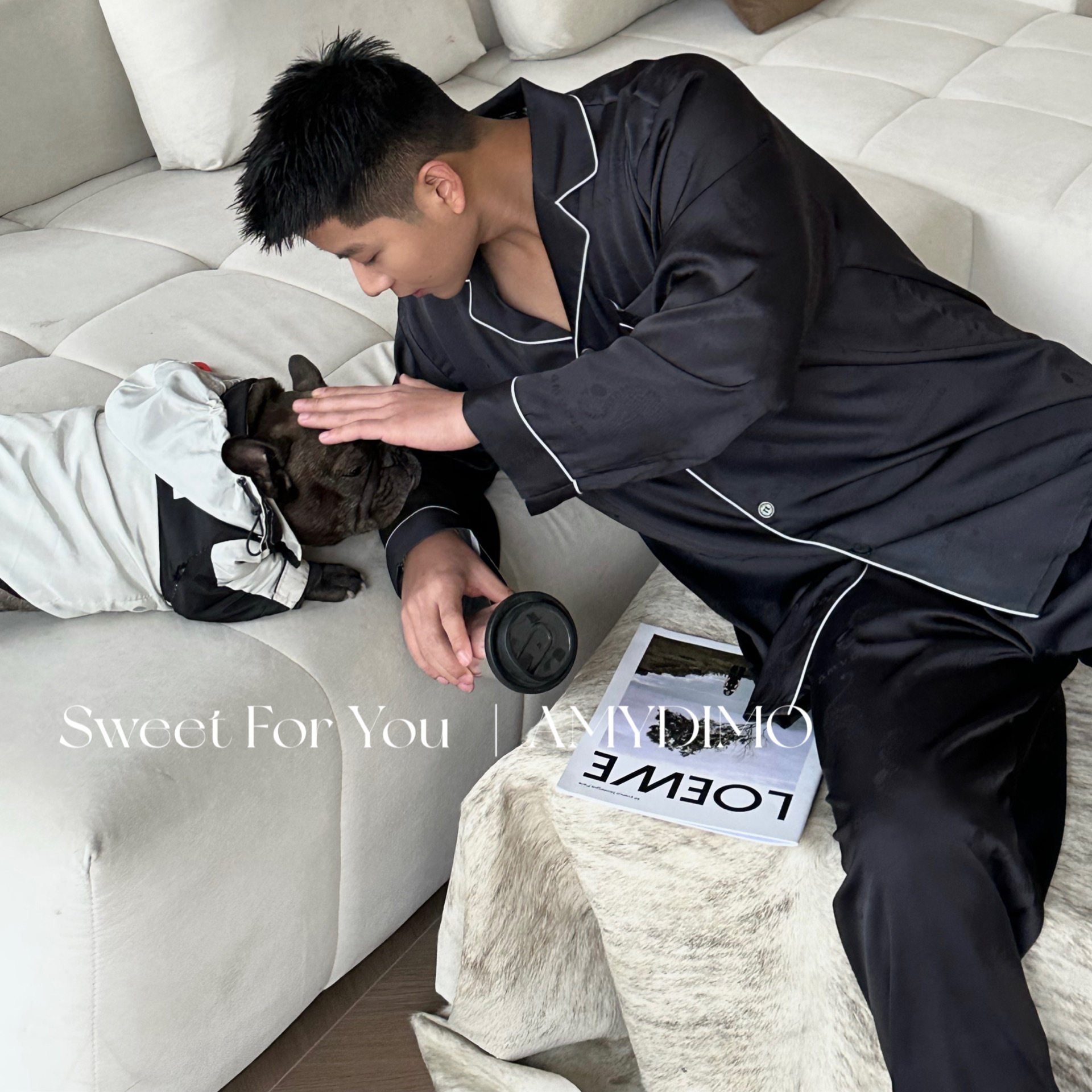 Amydimo2025新款高级感男士缎面睡衣长袖长裤黑色丝滑家居服套装
