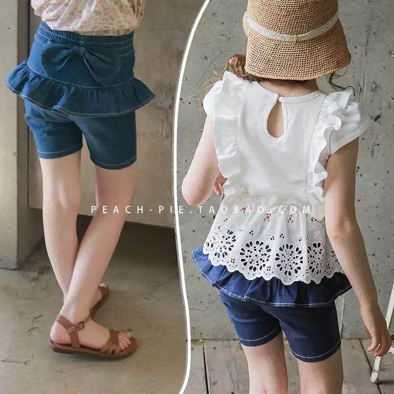 夏可爱蝴蝶结女童菲边牛仔短裤