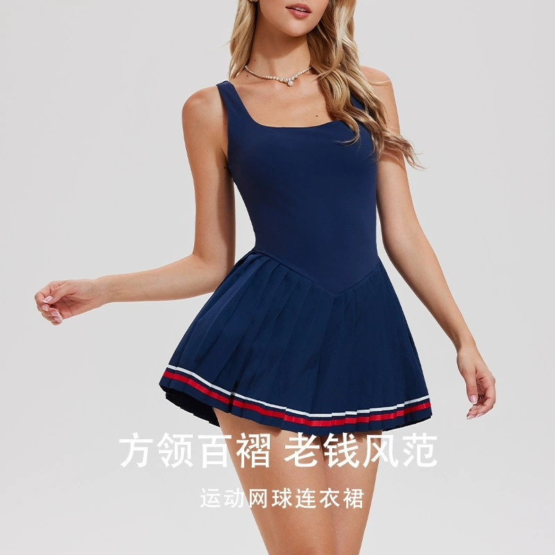 夏季网球裙防走光方领背心百褶短裙显瘦速干带口袋无袖运动连衣裙