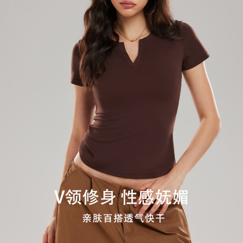 正肩v领瑜伽t恤女夏短袖