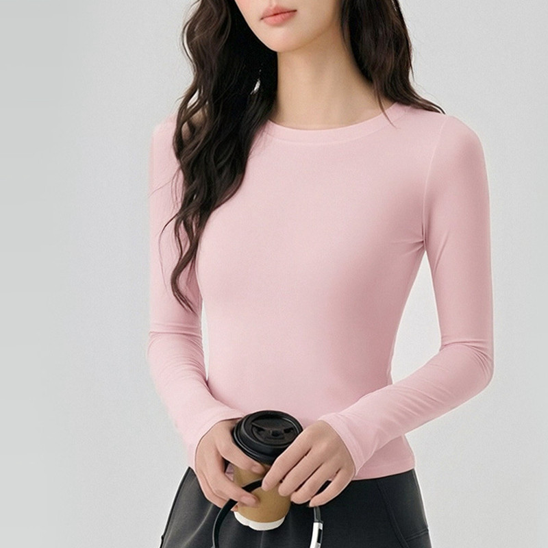 薄款长袖瑜伽服女圆领显瘦运动t恤外穿防晒普拉提训练健身服上衣