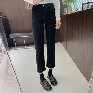 2023年秋季新款大码直筒牛仔裤女弹力高腰显瘦胖mm粗腿九分烟管裤