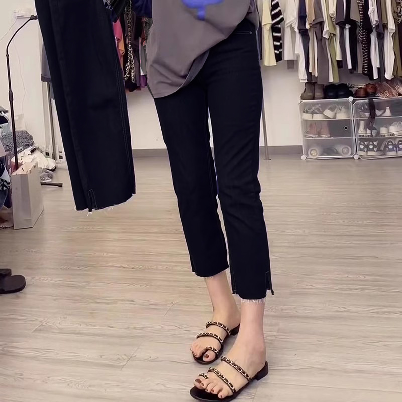 大码直筒开叉牛仔裤女小个子八分