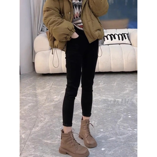 女弹力高腰遮肉显瘦胖mm九分铅笔裤 加绒小脚牛仔裤 子 大码 秋冬新款