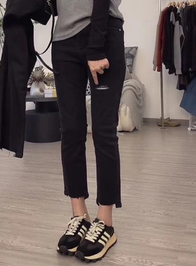 大码牛仔裤女破洞八分小个子