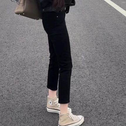 薄款大码小直筒牛仔裤女高腰弹力显瘦极简风烟管裤小个子八分