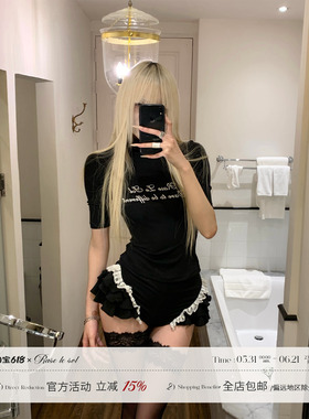 Rase le sol‘Gothic Lament’黑色高领中袖上衣修身正肩短袖T恤