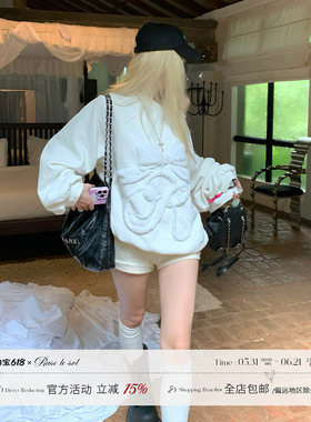 Rase le sol‘Dream Gift’蝴蝶结刺绣斜肩白色卫衣设计感上衣