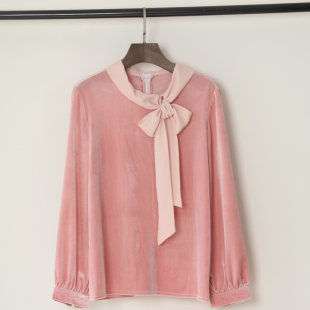 新款 偏襟系带长袖 2024春装 女 宽松套头摩登复古上衣 金丝绒衬衫