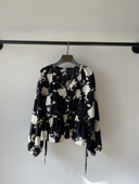 水墨印花V领抽绳收腰身长袖 显瘦上衣 洋气小衫 衬衫 女2025春夏新款