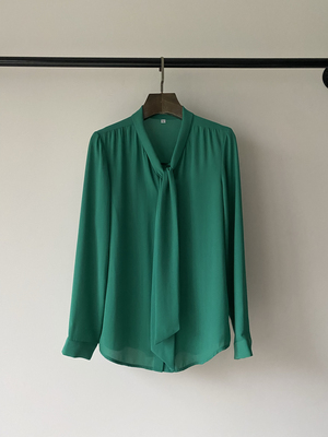 白菜帮纯色雪纺衬衫女长袖上衣v领系带宽松显瘦通勤法式小衫