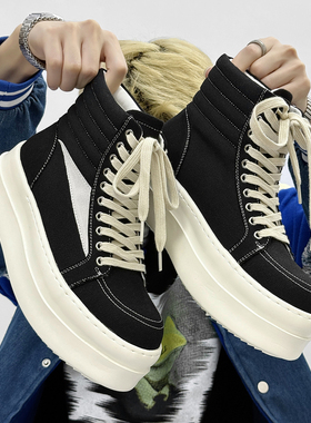 高帮鞋男款黑色秋款小众设计感时尚休闲鞋皮面个性秋季ro男鞋潮鞋