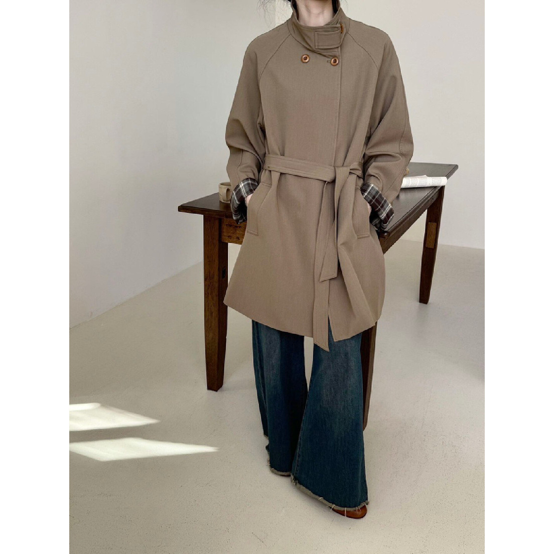 意法原创韩系休闲风衣外套女小个子中长款学院风格纹拼接大衣,女装/女士精品,毛针织衫,淘宝优惠券,粉丝福利购,淘宝优惠卷