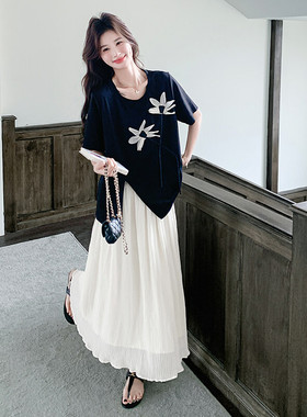 202新款夏装短袖百褶裙度假两件套套装 2522-P165控248