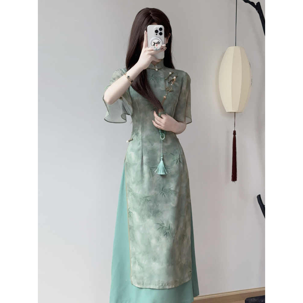 荡漾绿色旗袍新中式国风改良复古百搭年轻款少女奥黛连衣裙子