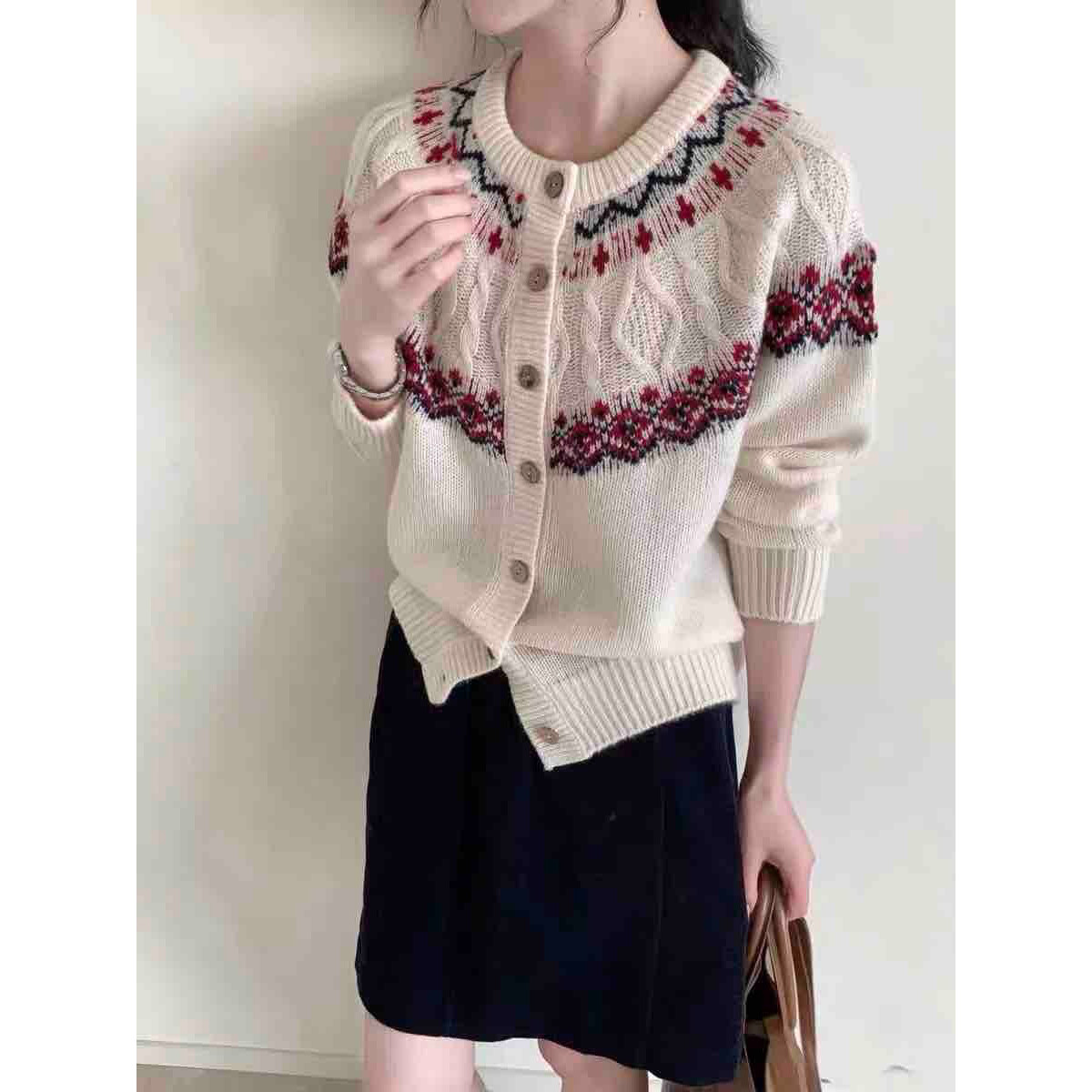 复古费尔岛提花重工钩花100羊毛开衫女2026春季插肩袖圆领毛衣,女装/女士精品,毛针织衫,淘宝优惠券,粉丝福利购,淘宝优惠卷