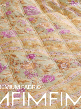 Z家 新款新花 棉质面绗缝面料黄绿底紫粉系印花棉服布料 幅140CM