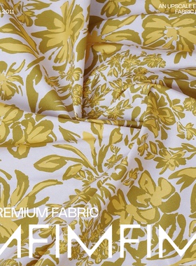 JIS 时装面料白底黄色印花 宫廷风典雅裙子布料外套布料幅宽140CM