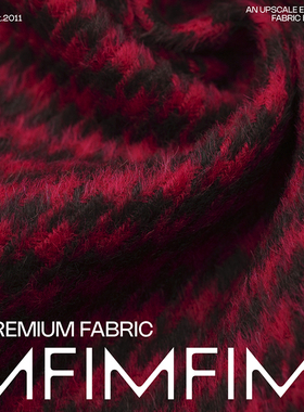 伯爵红茶 意大利安哥拉羊毛面料红黑复古千鸟格布 宽155CM 580G/M