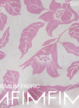 Z家新款新花 亚麻面料白底粉紫色花朵图案服饰布料面料 幅宽135CM