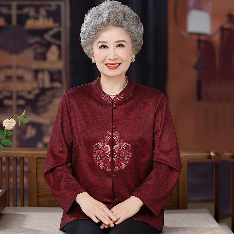 老年人秋装女奶奶唐装绣花衬衫中老年妈妈春秋国风喜庆婚礼生日装
