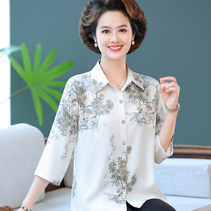 妈妈夏装真丝衬衫洋气质中老年女七分袖衬衣套装2025新款印花上衣