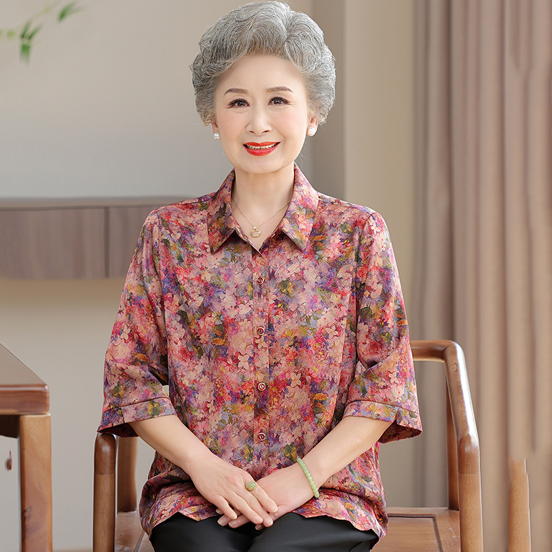 夏装新款中老年真丝衬衫中袖老年人上衣桑蚕丝印花奶奶装时尚套装