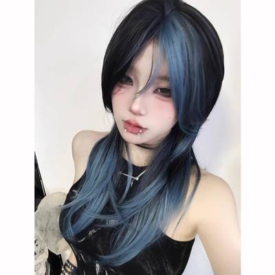 许昌市建安区孑然工艺品店假发女中分黑棕渐变深蓝色八字刘海中长