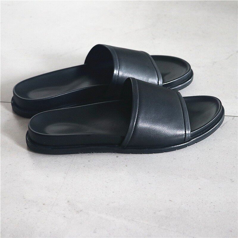 极简风！品质感好鞋！舒适软底！日系黑色头层牛皮外穿一字拖鞋男