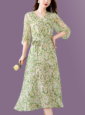 2025甜美气质绿色碎花裙真丝桑蚕丝连衣裙国际大牌收腰大码中长款