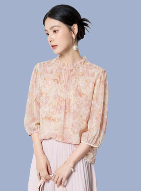 夏款甜美印花桑蚕丝七分袖衬衫