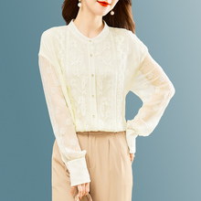 大码重磅刺绣高端大牌桑蚕丝上衣女长袖纯色真丝衬衫春夏胖mm衬衣