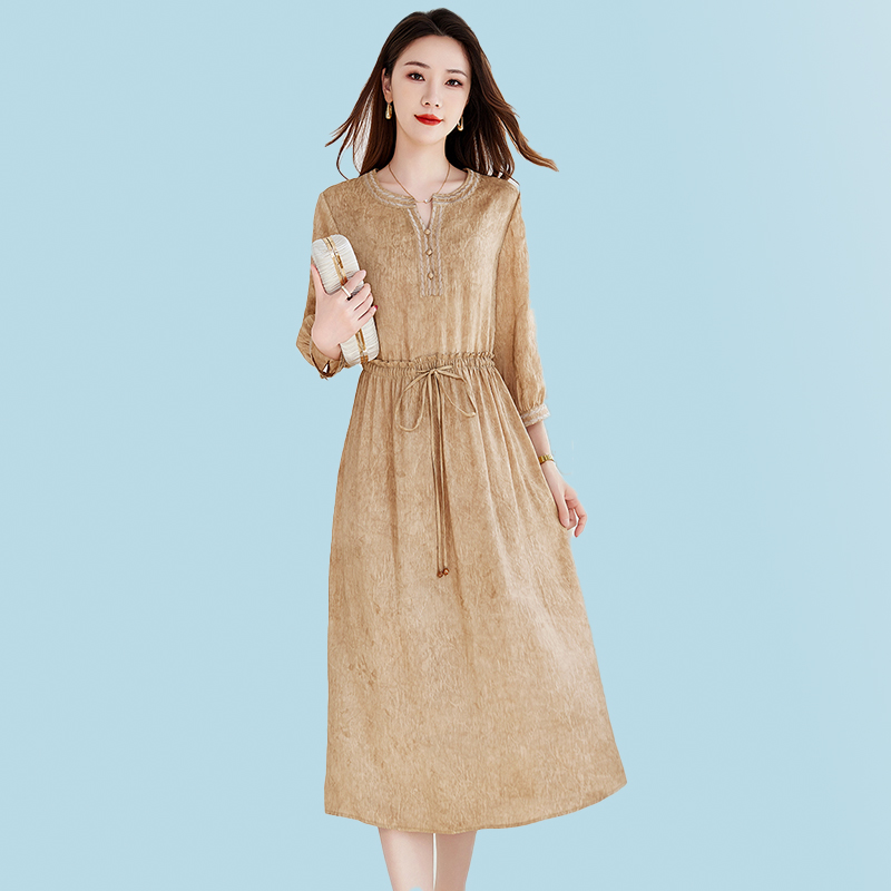 桑蚕丝亚麻连衣裙抽绳收腰中长款