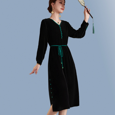 气质通勤修身真丝丝绒黑色显瘦