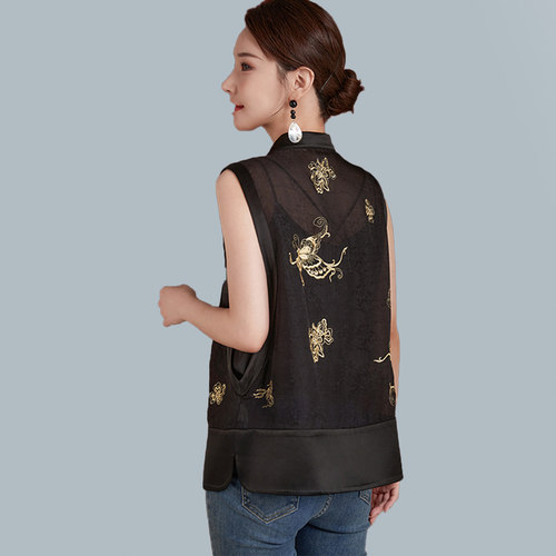 大牌单排扣国风立领刺绣真丝马甲