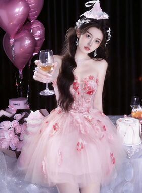 粉色超仙晚礼服2026爆款高级感生日礼服订婚主持艺考成人礼公主裙
