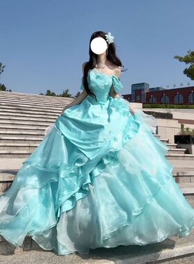 绝美蓝色一字肩重工主持晚礼服高端轻奢小众公主蓬蓬裙生日演出服