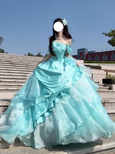 绝美蓝色一字肩重工主持晚礼服高端轻奢小众公主蓬蓬裙生日演出服