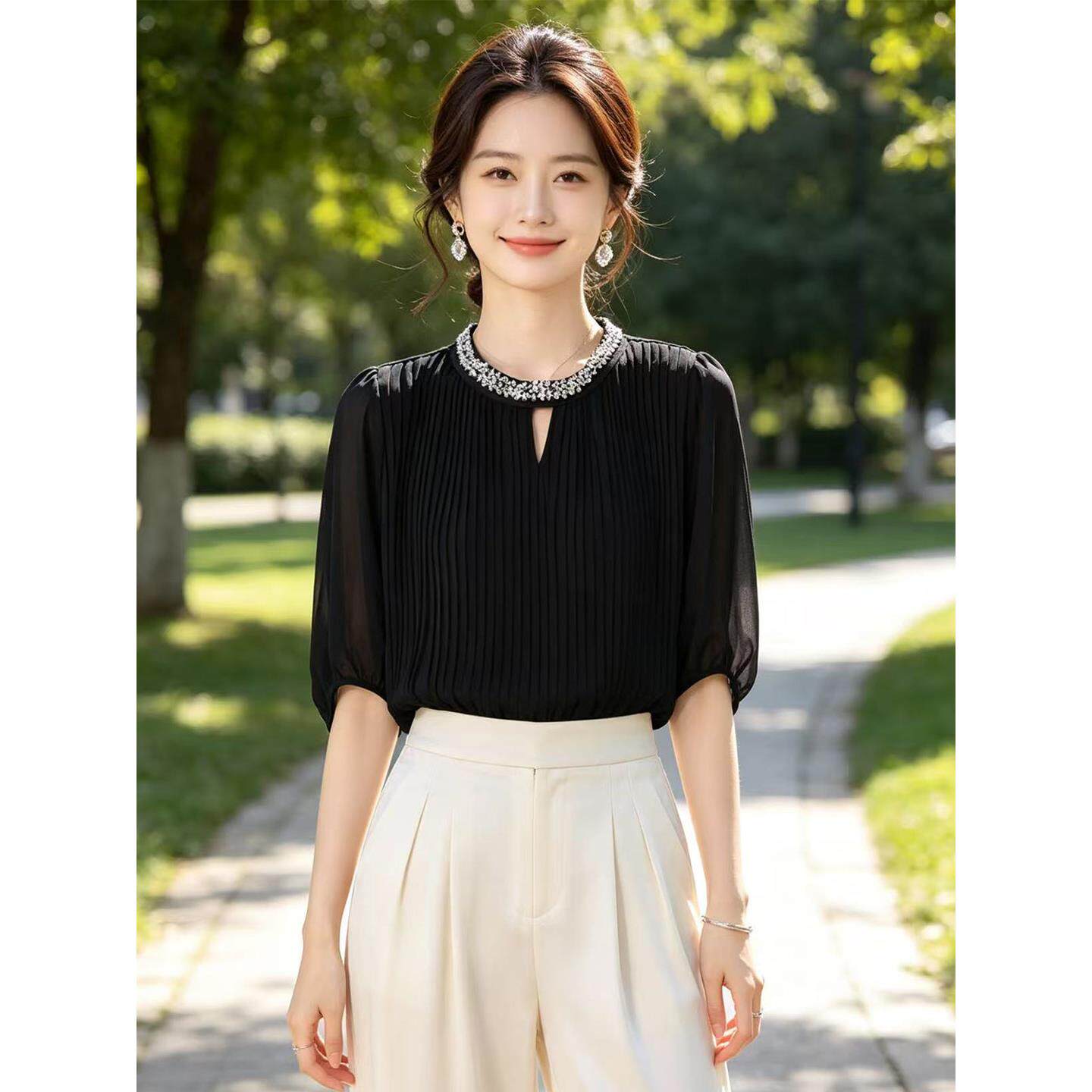 杭州高端大牌真丝衬衫女士七分袖小衫2026夏季新款时尚桑蚕丝上衣