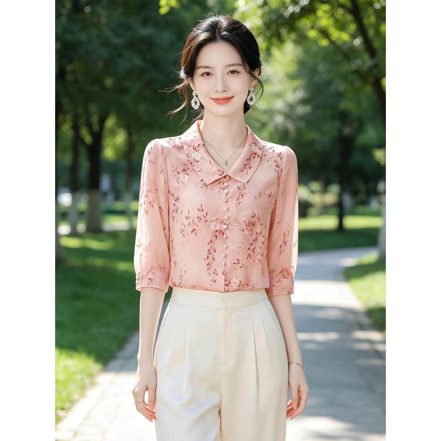 杭州高端大牌真丝衬衫女士高级感妈妈装七分袖碎花小衫桑蚕丝上衣