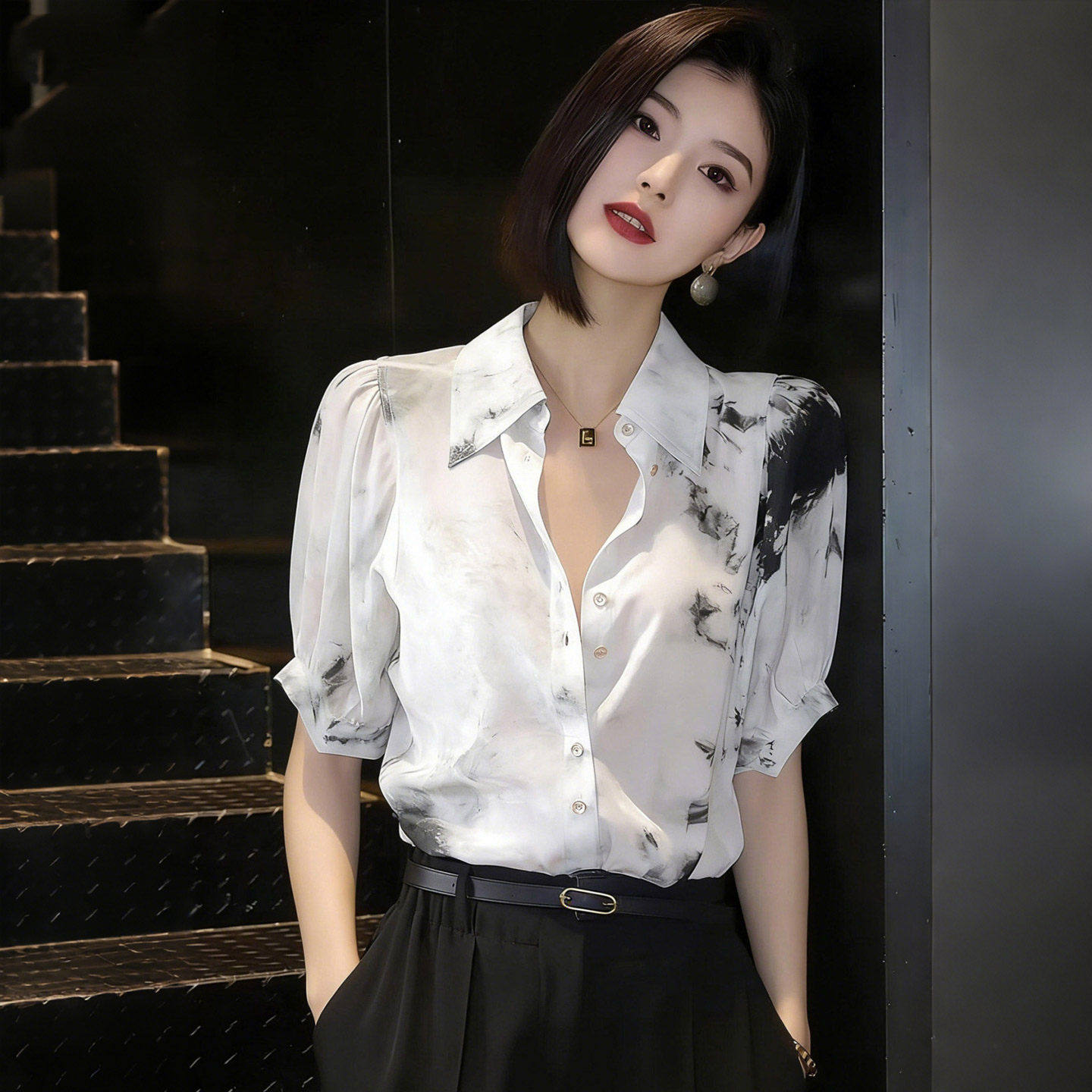 水墨印花短袖真丝衬衫女夏季设计感小众泡泡袖上衣复古桑蚕丝衬衣