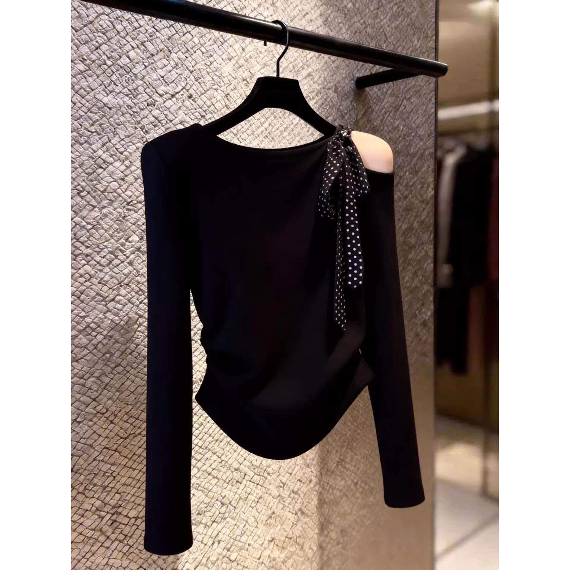 法式波点系带露肩真丝长袖T恤女春季款黑色显瘦小衫通勤百搭上衣