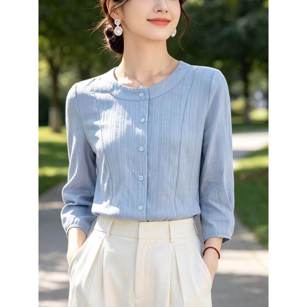 杭州高端大牌真丝衬衫女士高级感提花七分袖小衫妈妈装桑蚕丝上衣