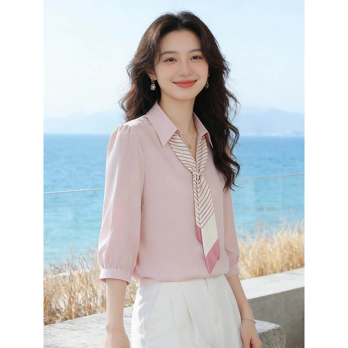 杭州高端大牌真丝衬衫女2026夏季新款设计感飘带职业通勤百搭上衣