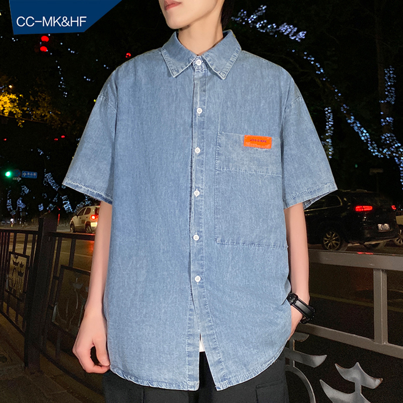 网红很仙的牛仔衬衫男痞帅潮牌ins港风日系复古潮流工装短袖衬衫