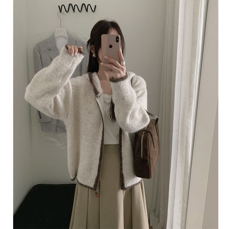 复古甜美小清新连帽拉链针织开衫毛衣